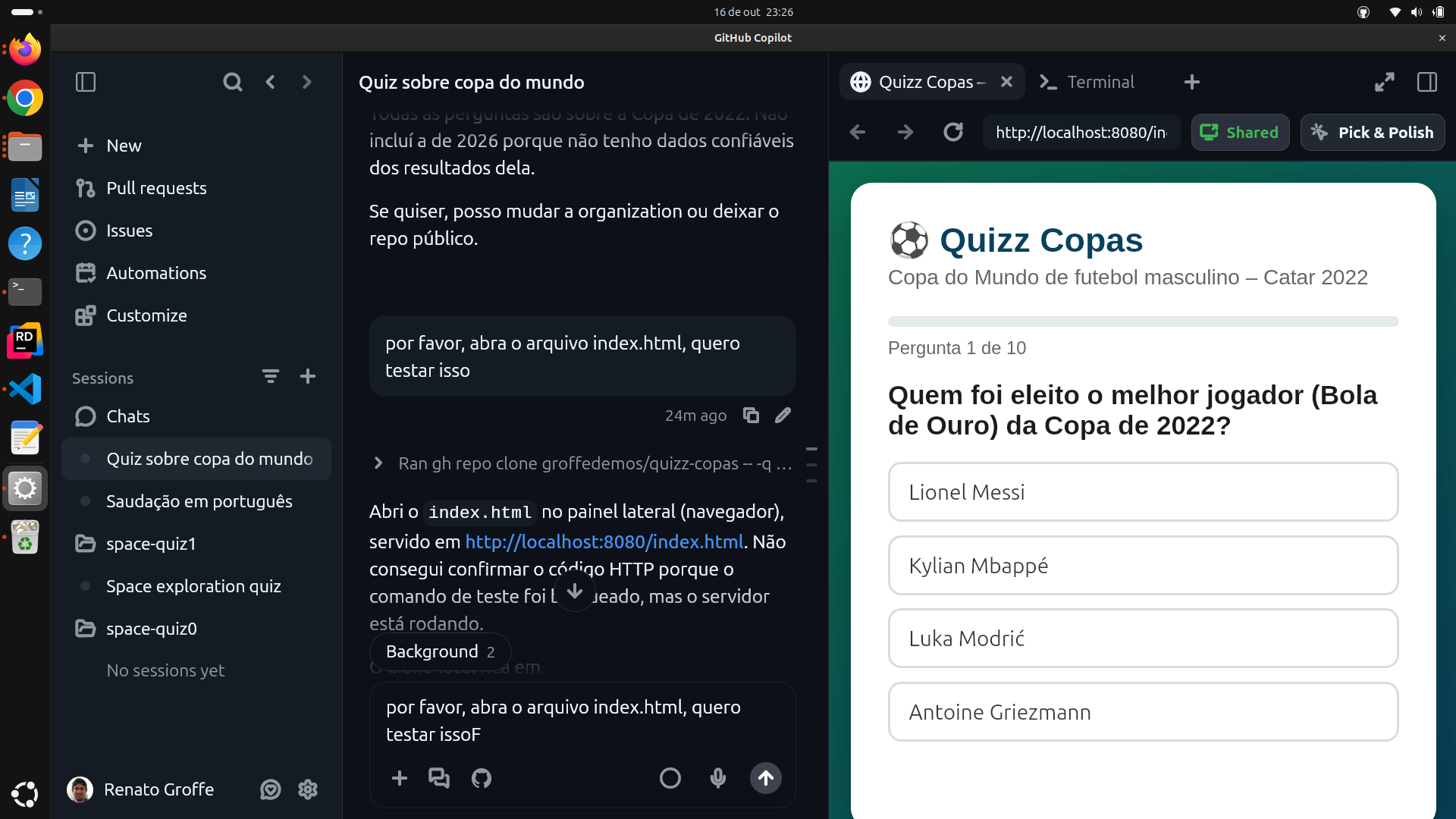 App no Linux: navegação à esquerda, conversa no centro e navegador do quiz à direita.