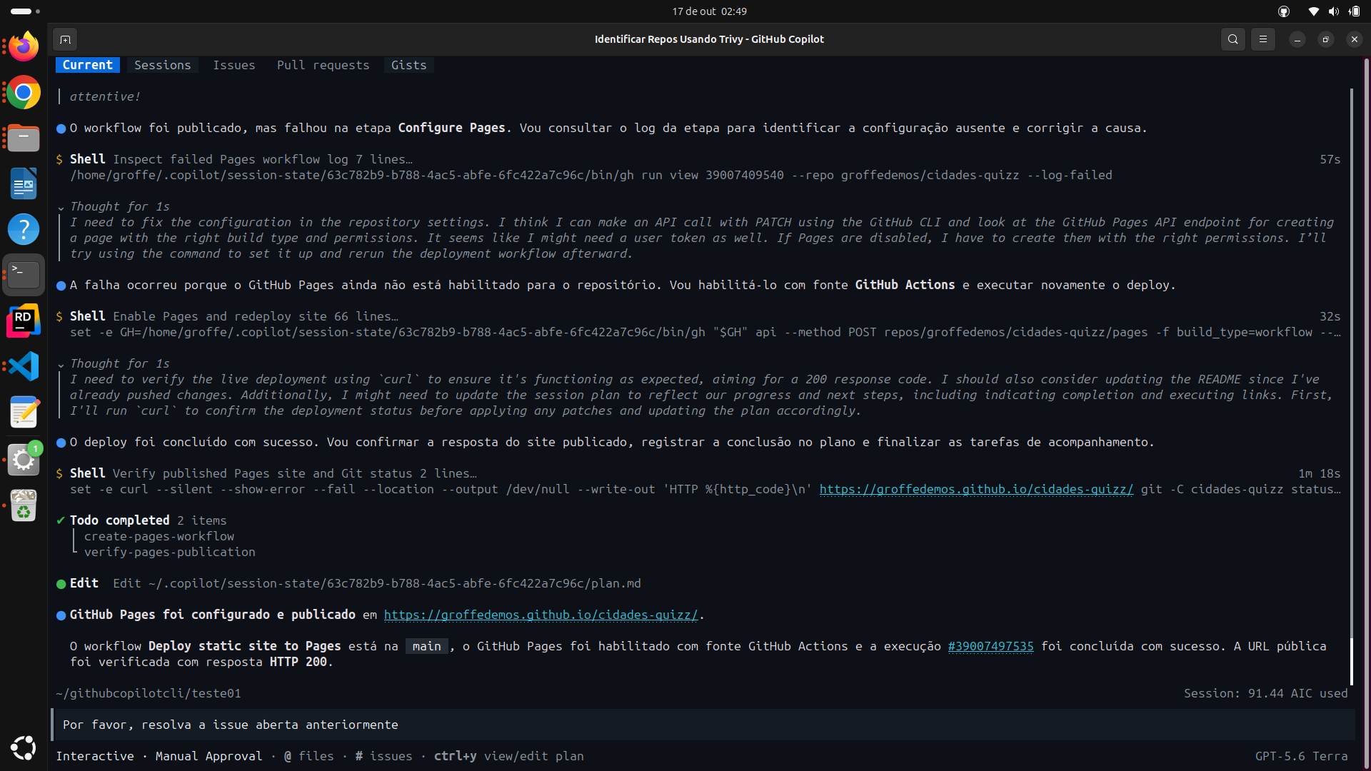 Copilot CLI no Linux: histórico de operações, resultado de deploy, campo de entrada e rodapé Interactive Manual Approval.